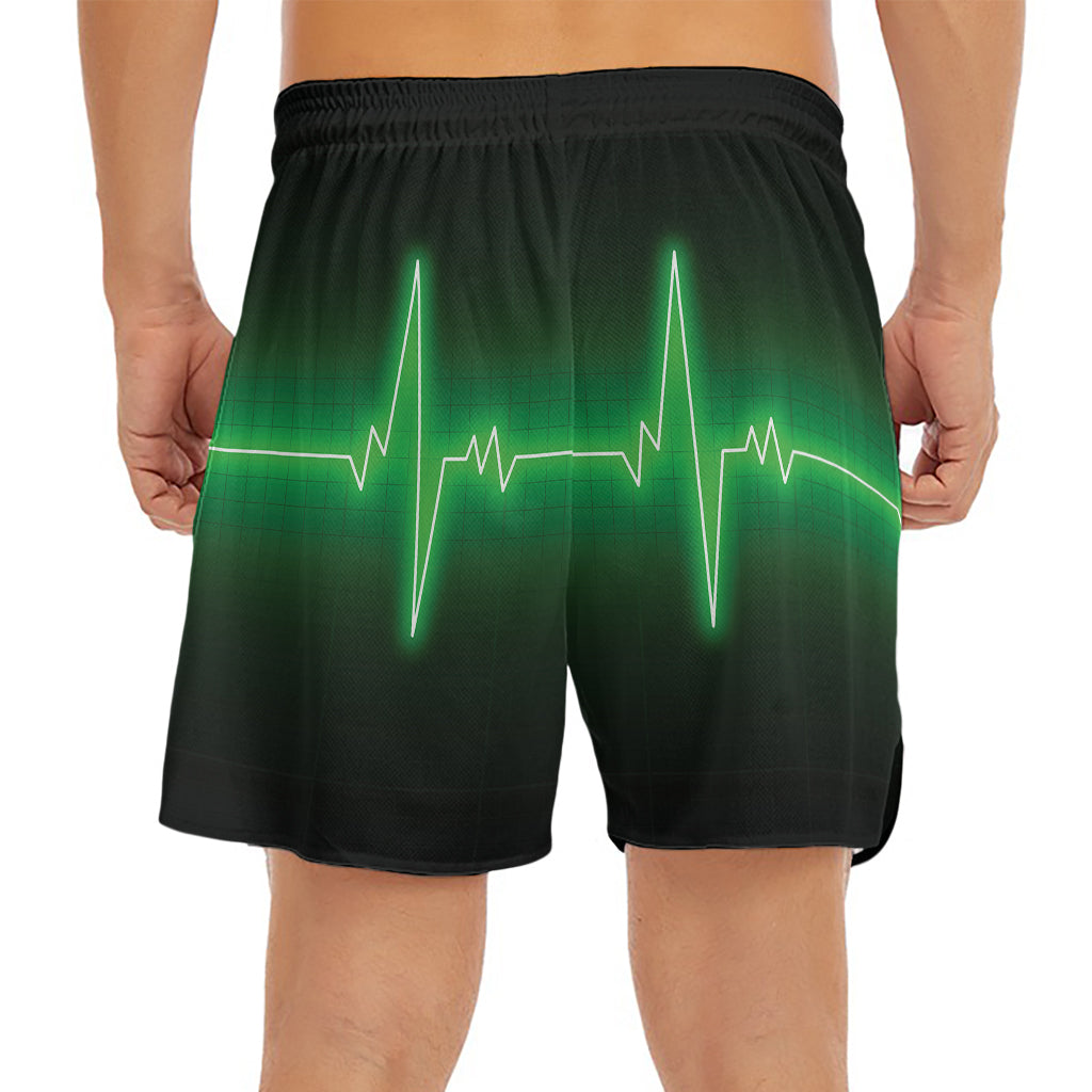Green Heartbeat Print Men's Split Running Shorts