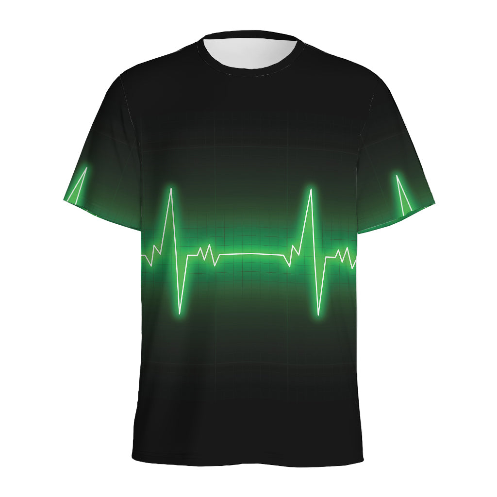 Green Heartbeat Print Men's Sports T-Shirt