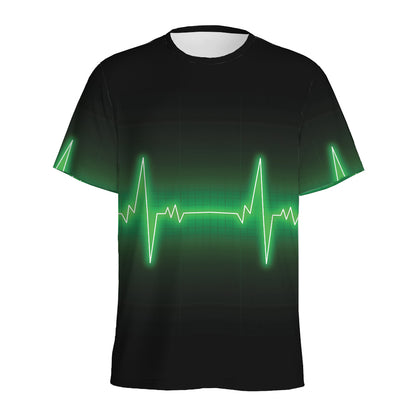 Green Heartbeat Print Men's Sports T-Shirt