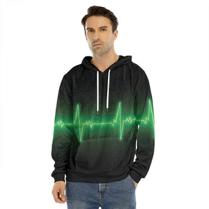 Green Heartbeat Print Men's Velvet Pullover Hoodie