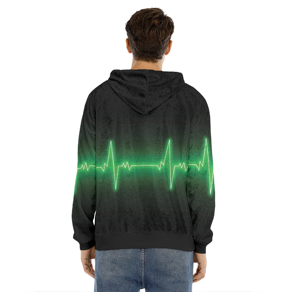 Green Heartbeat Print Men's Velvet Pullover Hoodie