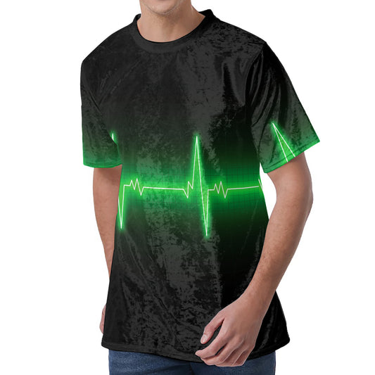 Green Heartbeat Print Men's Velvet T-Shirt