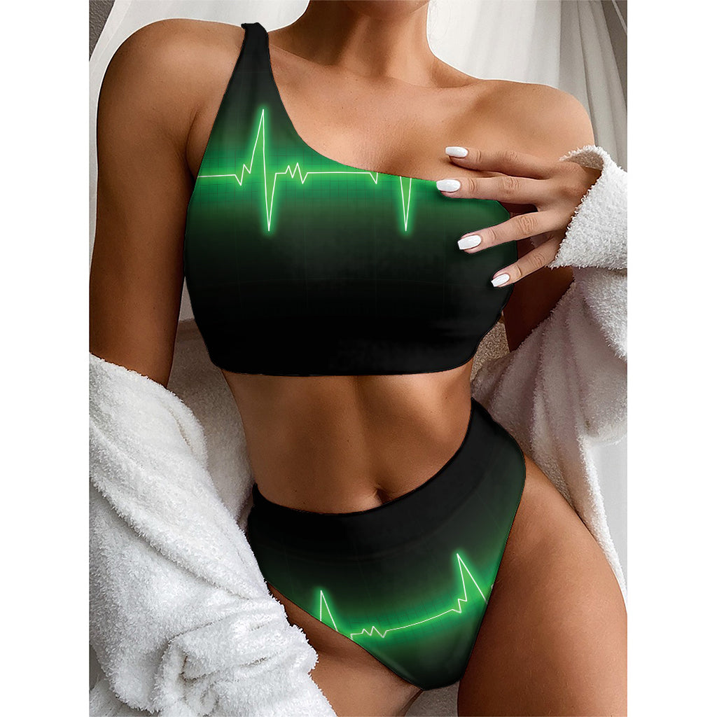 Green Heartbeat Print One Shoulder Bikini Top