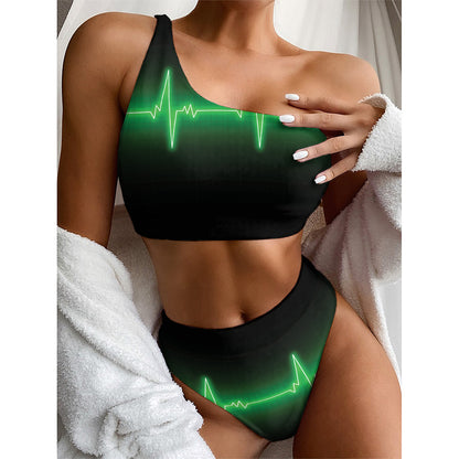 Green Heartbeat Print One Shoulder Bikini Top