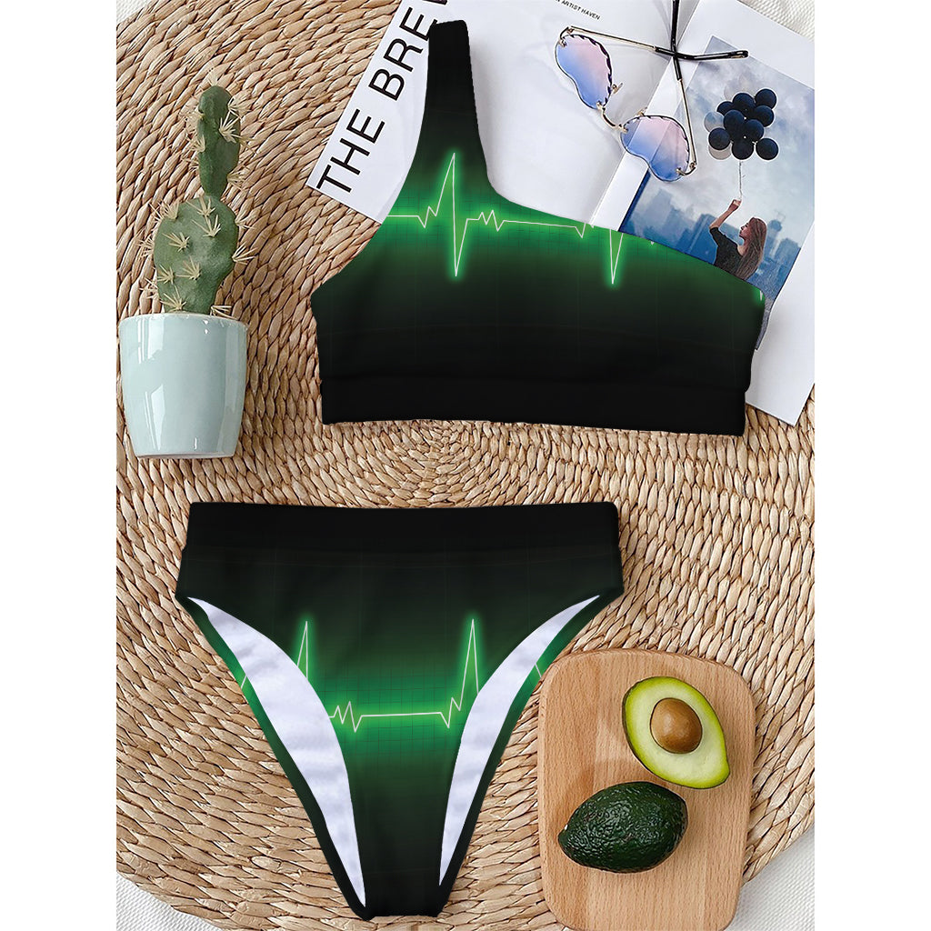 Green Heartbeat Print One Shoulder Bikini Top