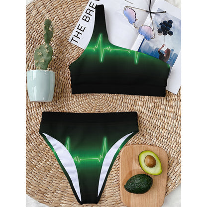 Green Heartbeat Print One Shoulder Bikini Top