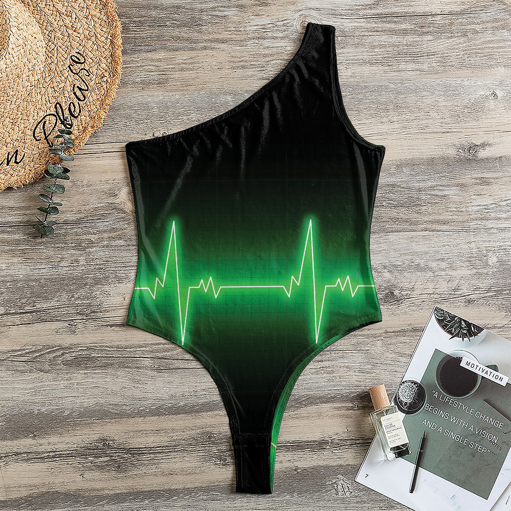Green Heartbeat Print One Shoulder Bodysuit