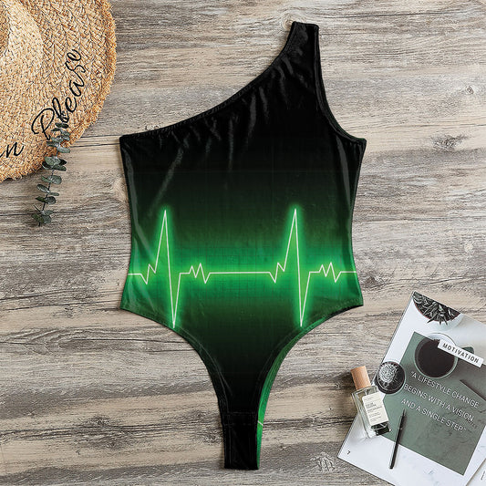 Green Heartbeat Print One Shoulder Bodysuit