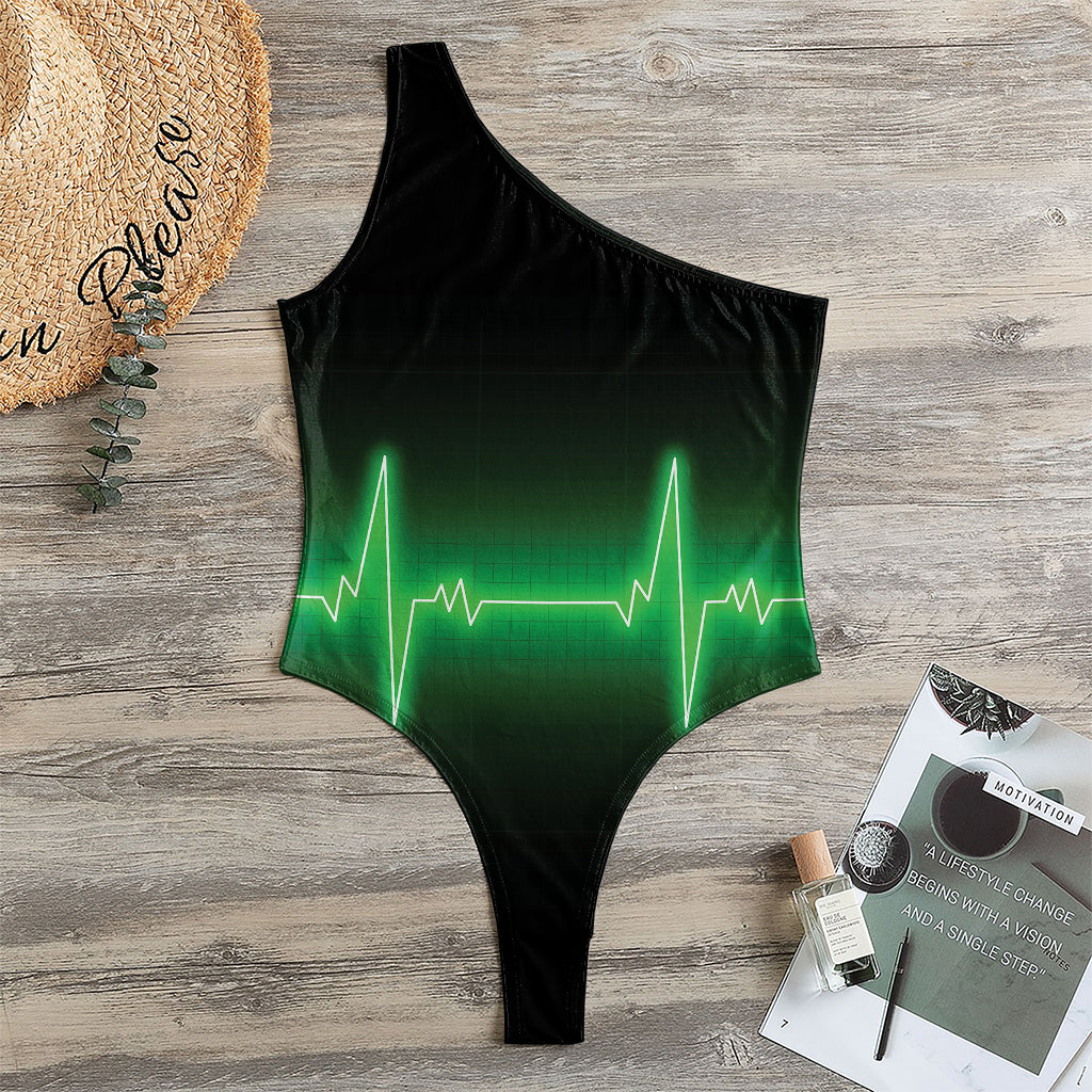Green Heartbeat Print One Shoulder Bodysuit