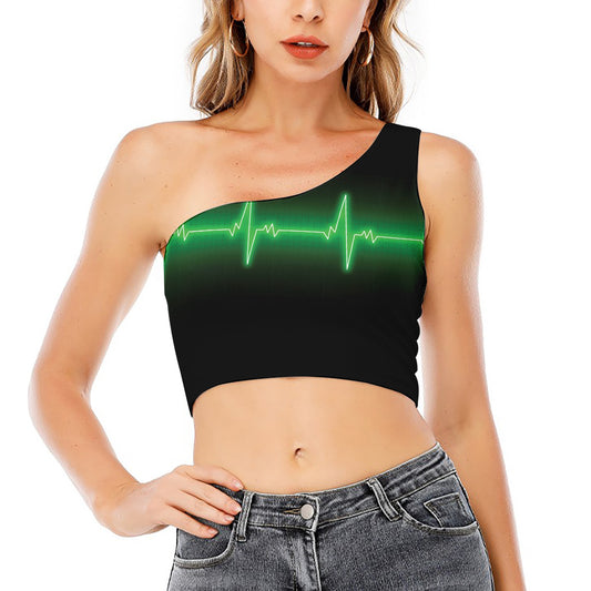 Green Heartbeat Print One Shoulder Crop Top