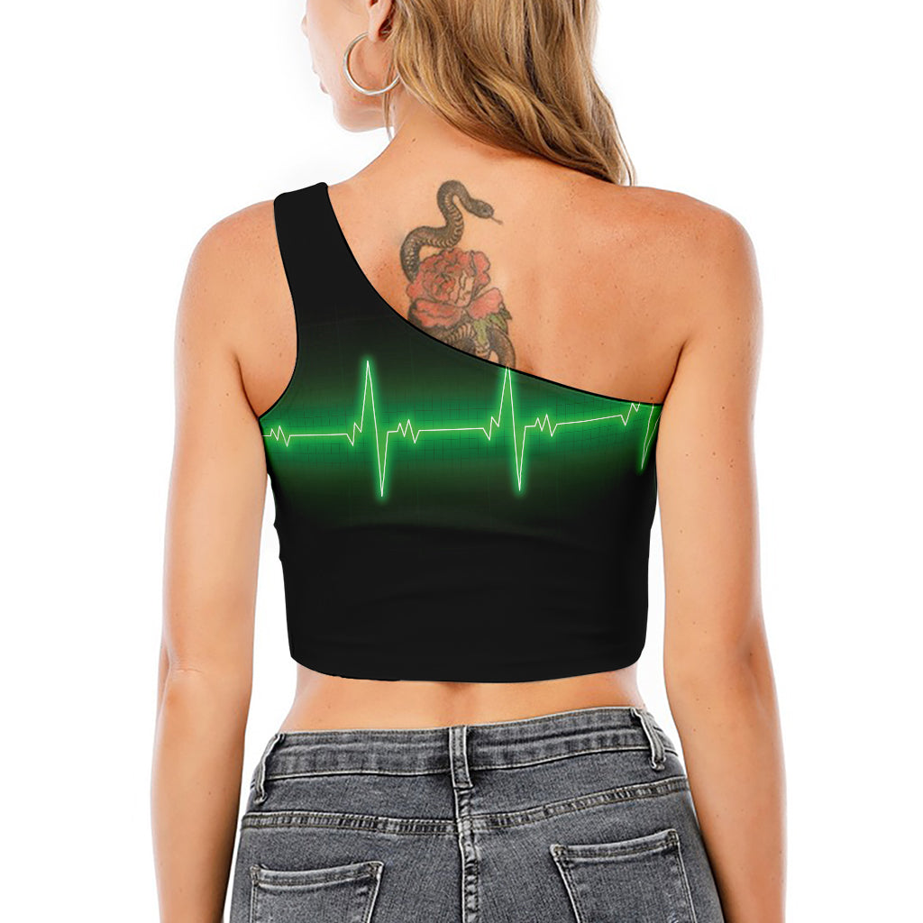 Green Heartbeat Print One Shoulder Crop Top