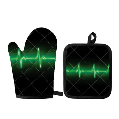 Green Heartbeat Print Oven Mitt And Pot Holder Set