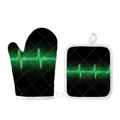 Green Heartbeat Print Oven Mitt And Pot Holder Set