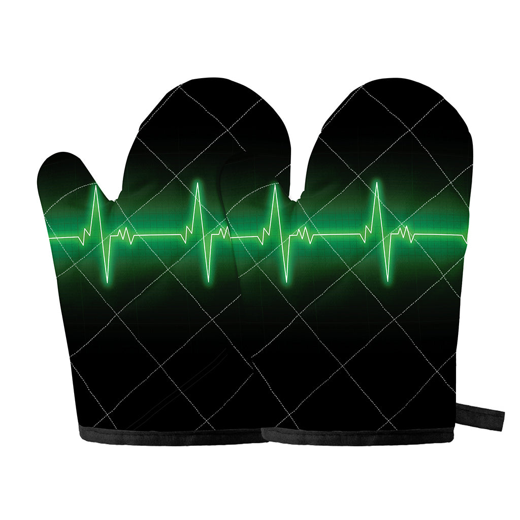 Green Heartbeat Print Oven Mitts