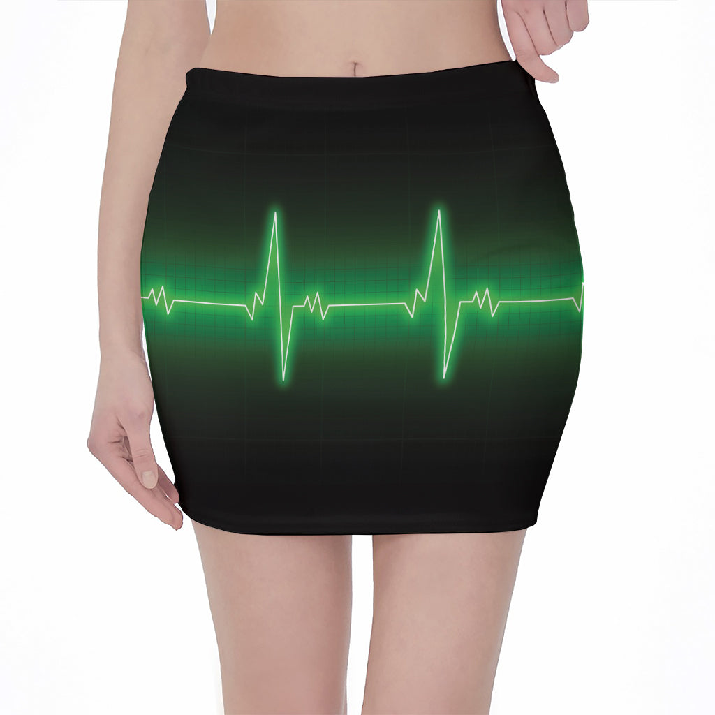 Green Heartbeat Print Pencil Mini Skirt