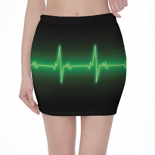 Green Heartbeat Print Pencil Mini Skirt