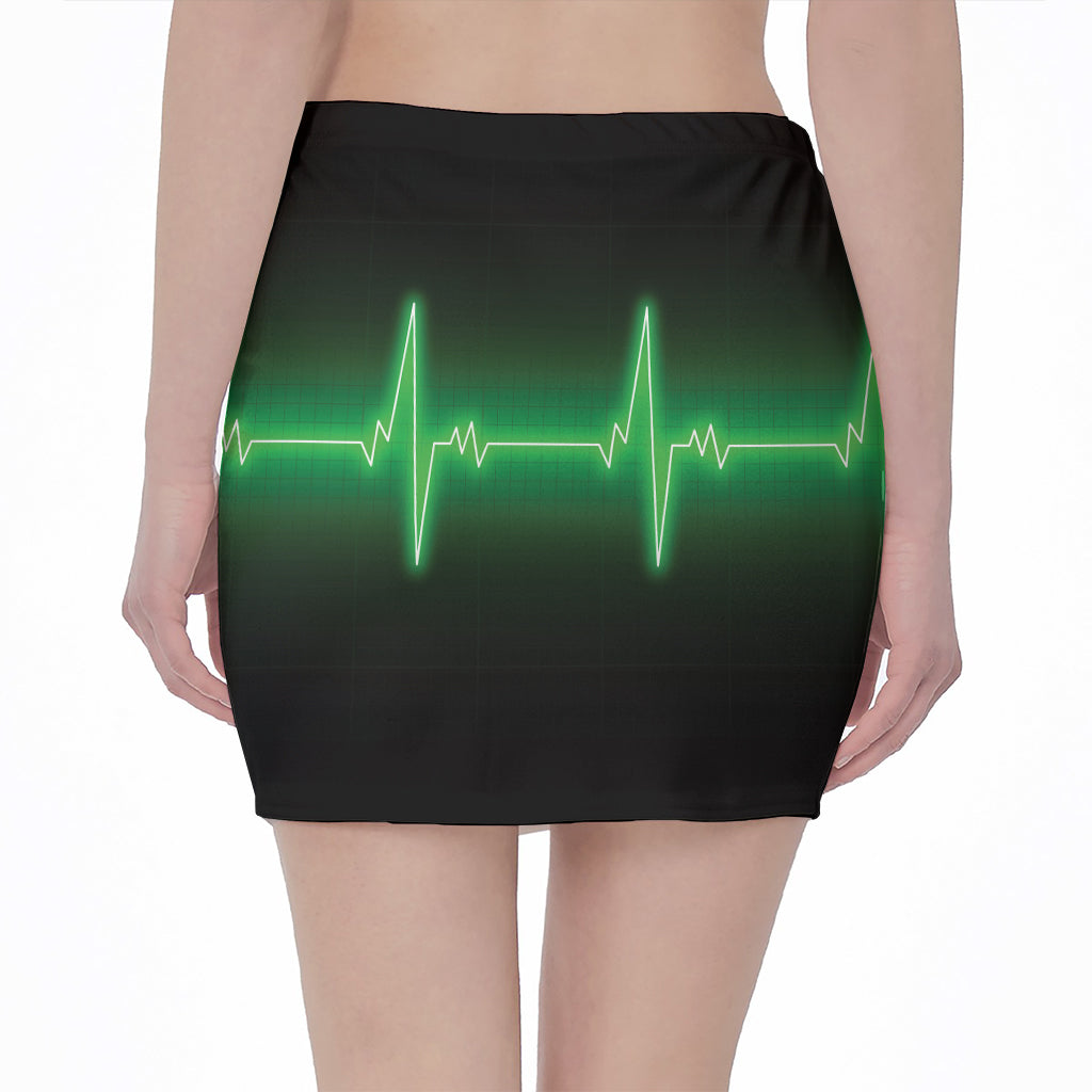 Green Heartbeat Print Pencil Mini Skirt