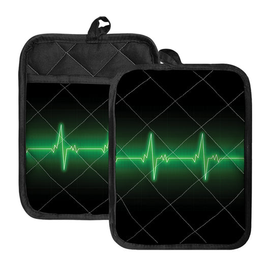 Green Heartbeat Print Pot Holders With Pocket