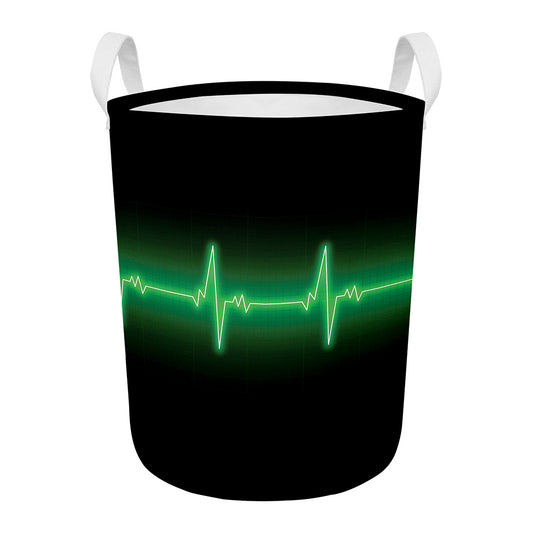 Green Heartbeat Print Round Laundry Basket