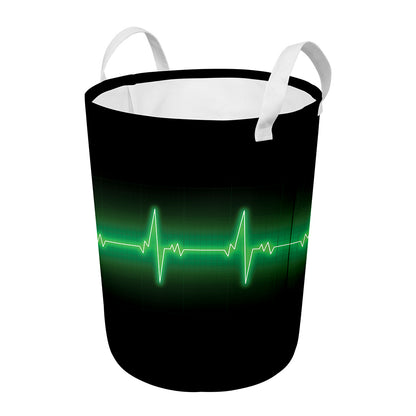 Green Heartbeat Print Round Laundry Basket
