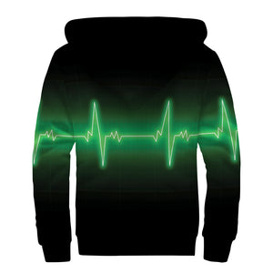 Green Heartbeat Print Sherpa Lined Zip Up Hoodie