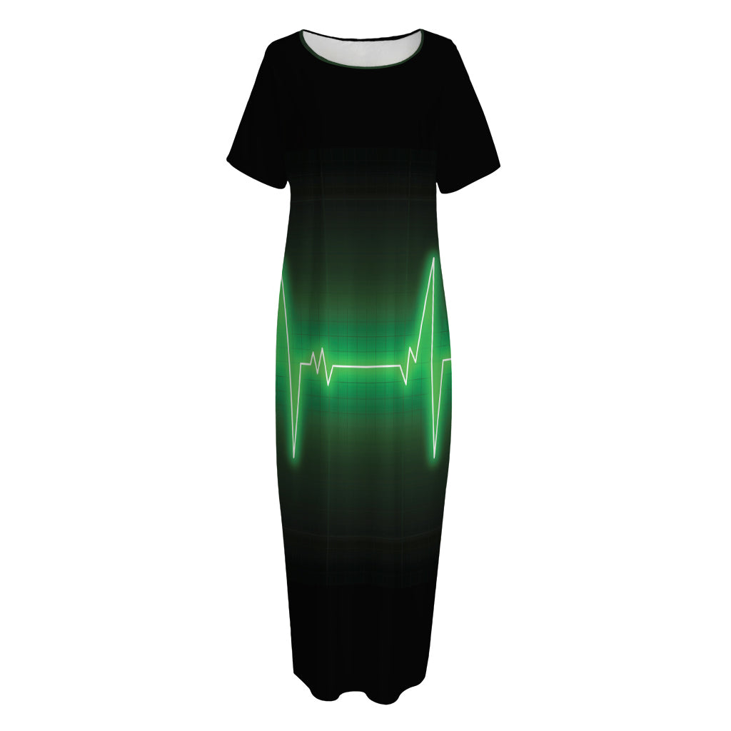 Green Heartbeat Print Short Sleeve Long Nightdress
