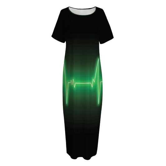 Green Heartbeat Print Short Sleeve Long Nightdress