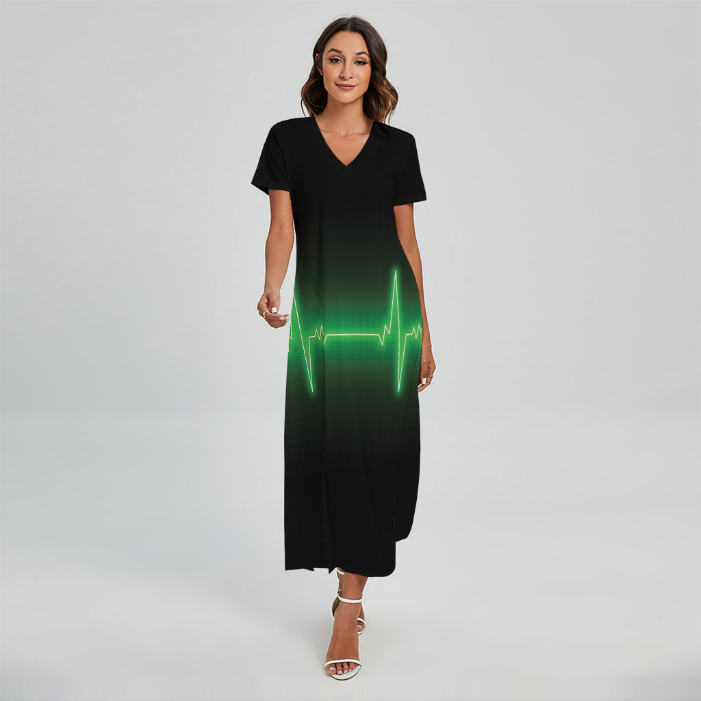 Green Heartbeat Print Short Sleeve Maxi Dress