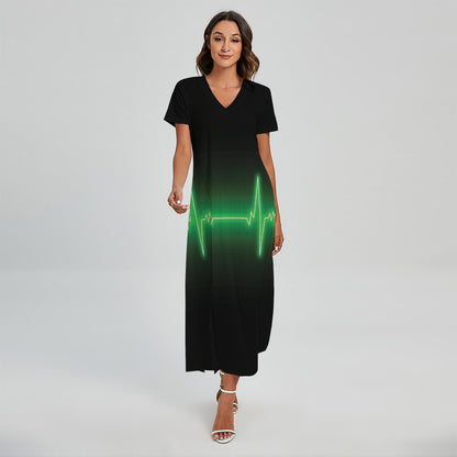 Green Heartbeat Print Short Sleeve Maxi Dress
