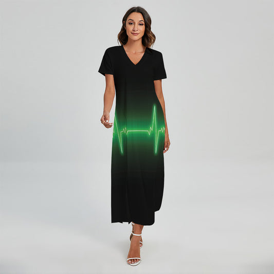 Green Heartbeat Print Short Sleeve Maxi Dress