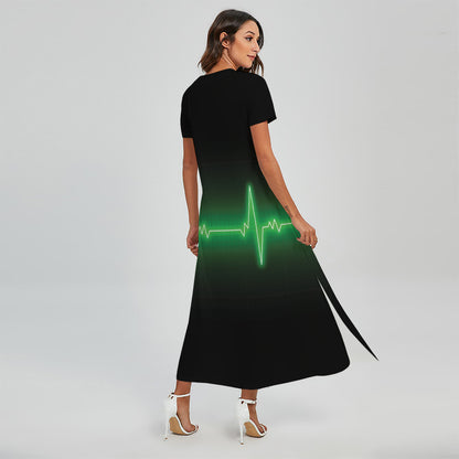 Green Heartbeat Print Short Sleeve Maxi Dress