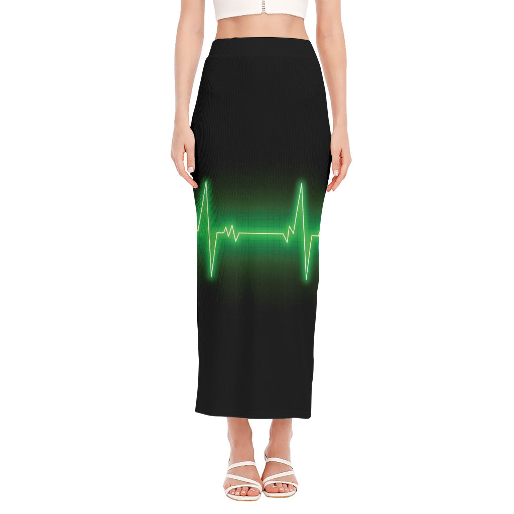 Green Heartbeat Print Side Slit Maxi Skirt