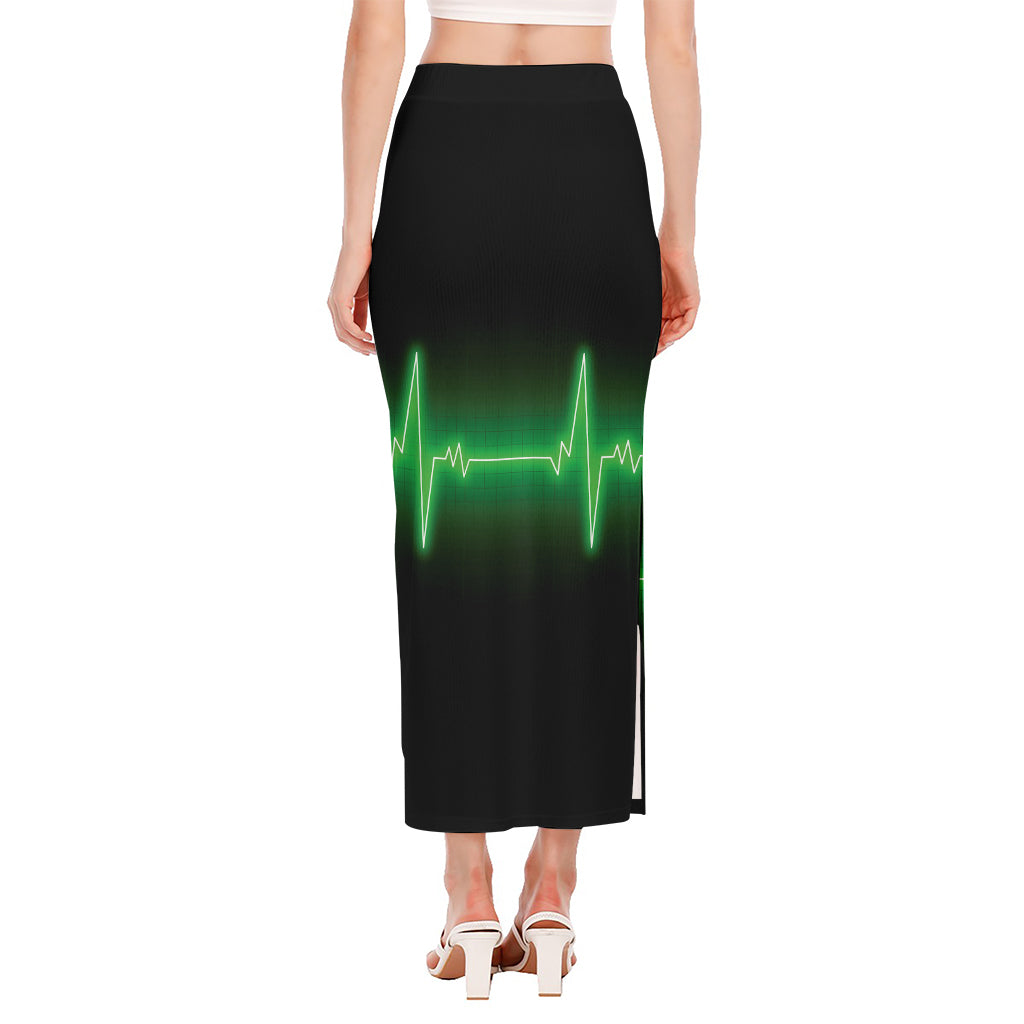Green Heartbeat Print Side Slit Maxi Skirt