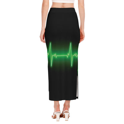 Green Heartbeat Print Side Slit Maxi Skirt