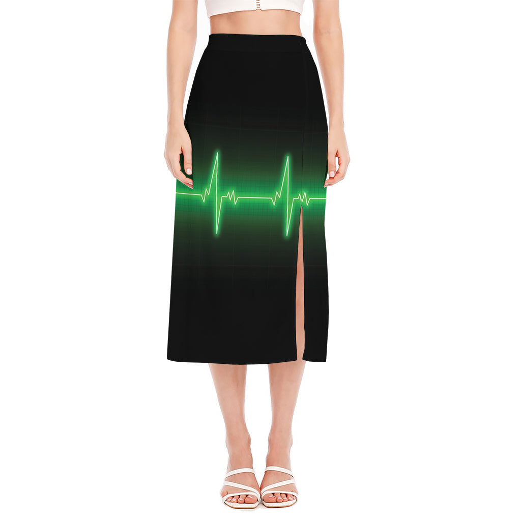 Green Heartbeat Print Side Slit Midi Skirt