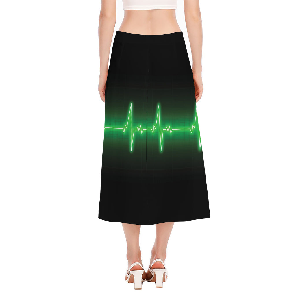 Green Heartbeat Print Side Slit Midi Skirt