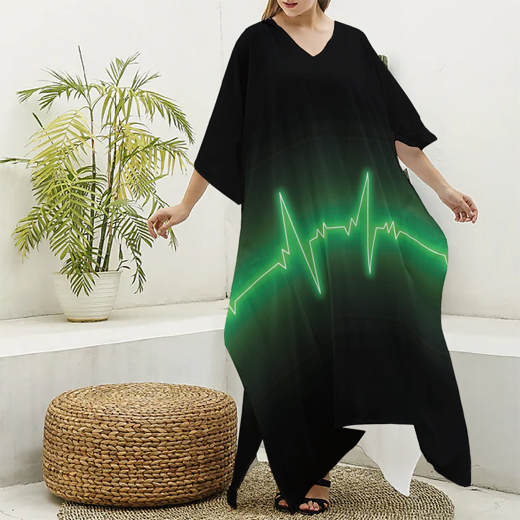Green Heartbeat Print Silk V-Neck Kaftan Dress