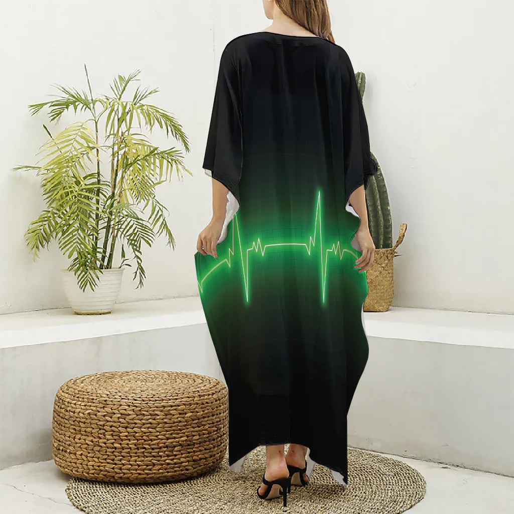 Green Heartbeat Print Silk V-Neck Kaftan Dress