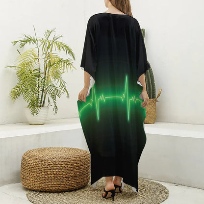 Green Heartbeat Print Silk V-Neck Kaftan Dress