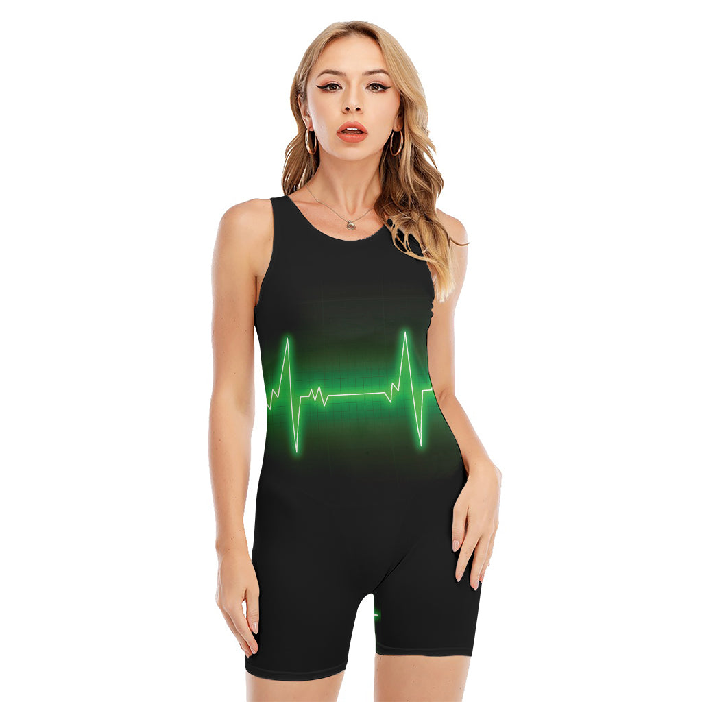 Green Heartbeat Print Sleeveless One Piece Swimsuit