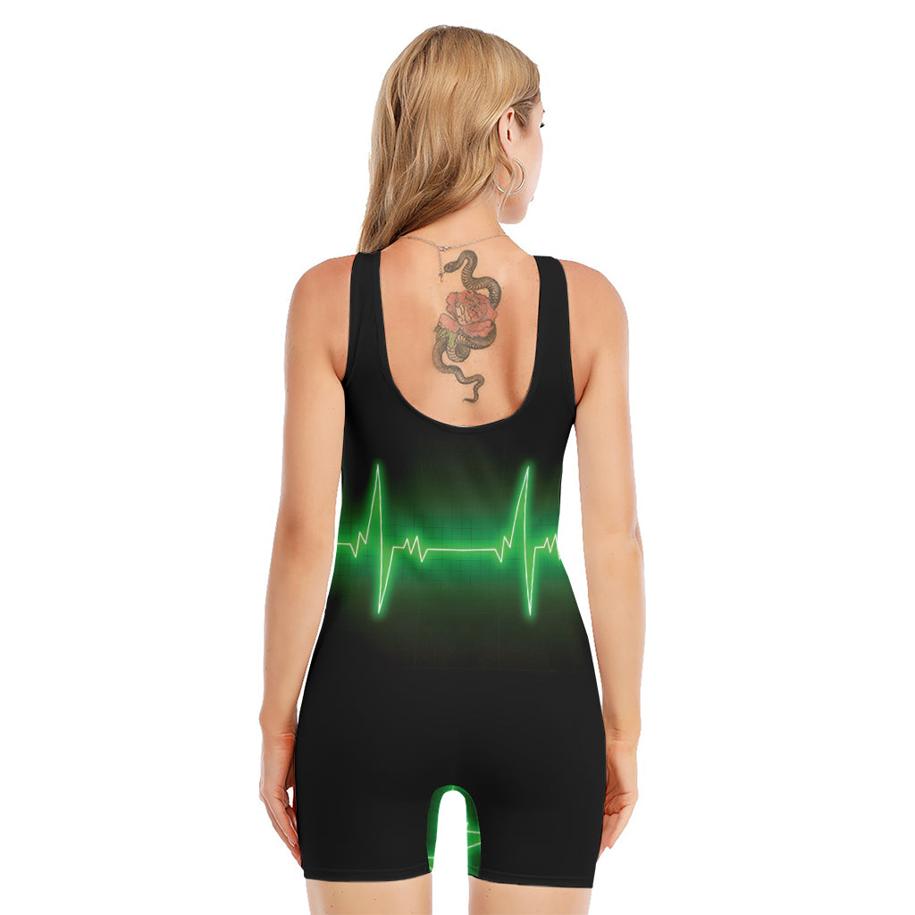 Green Heartbeat Print Sleeveless One Piece Swimsuit