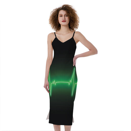 Green Heartbeat Print Slim Fit Midi Cami Dress