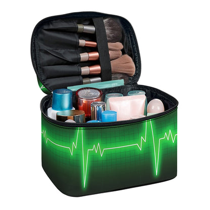 Green Heartbeat Print Travel Makeup Bag