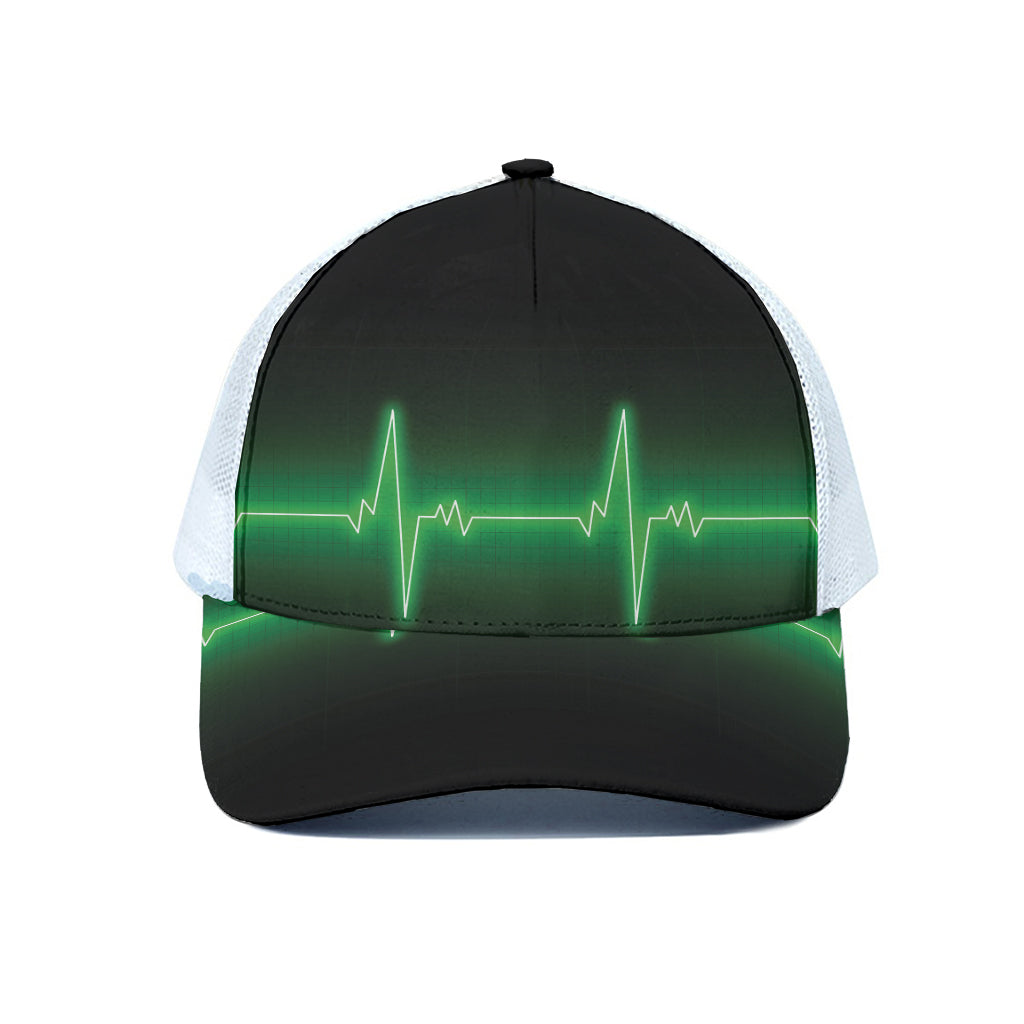 Green Heartbeat Print White Mesh Trucker Cap