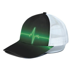 Green Heartbeat Print White Mesh Trucker Cap