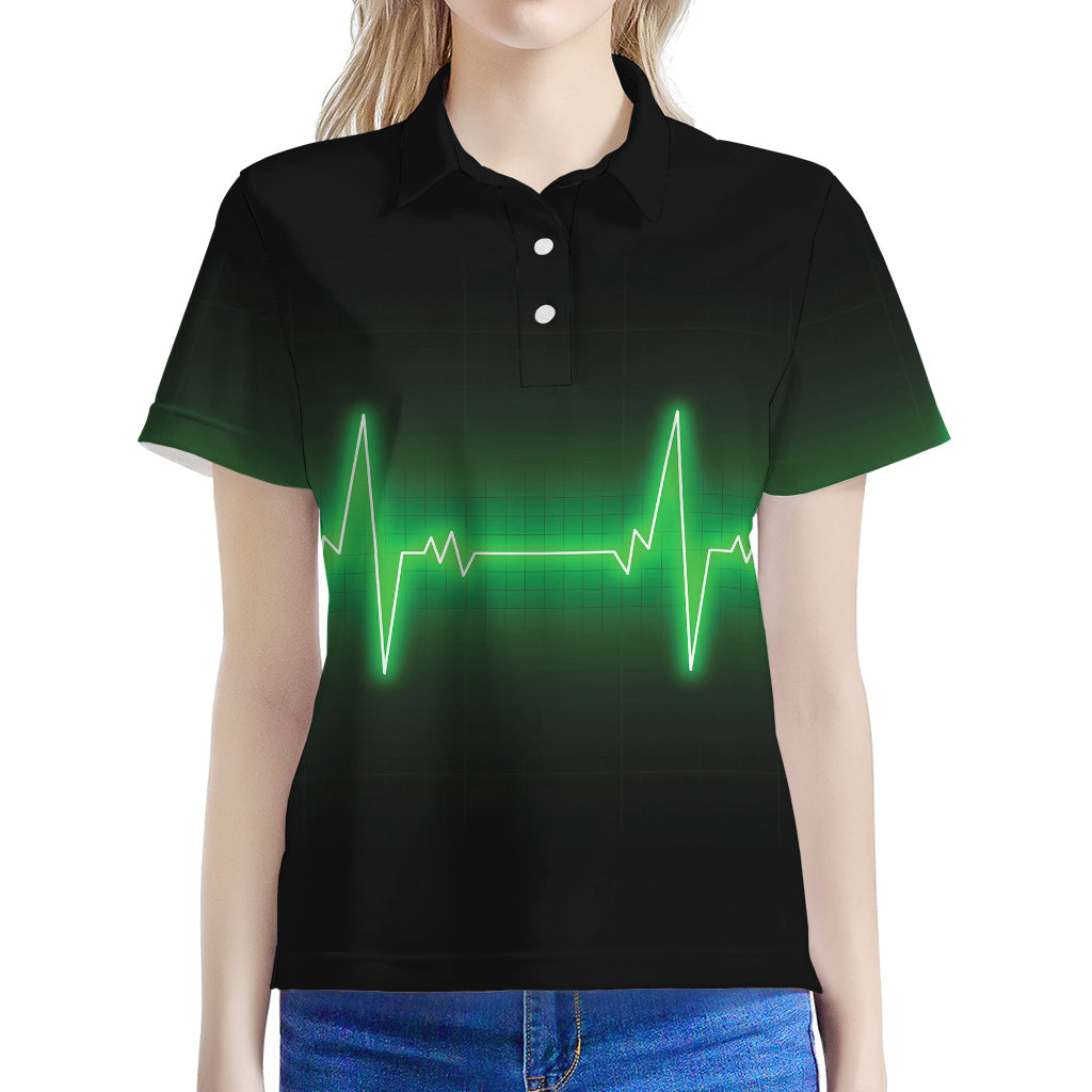 Green Heartbeat Print Women's Polo Shirt