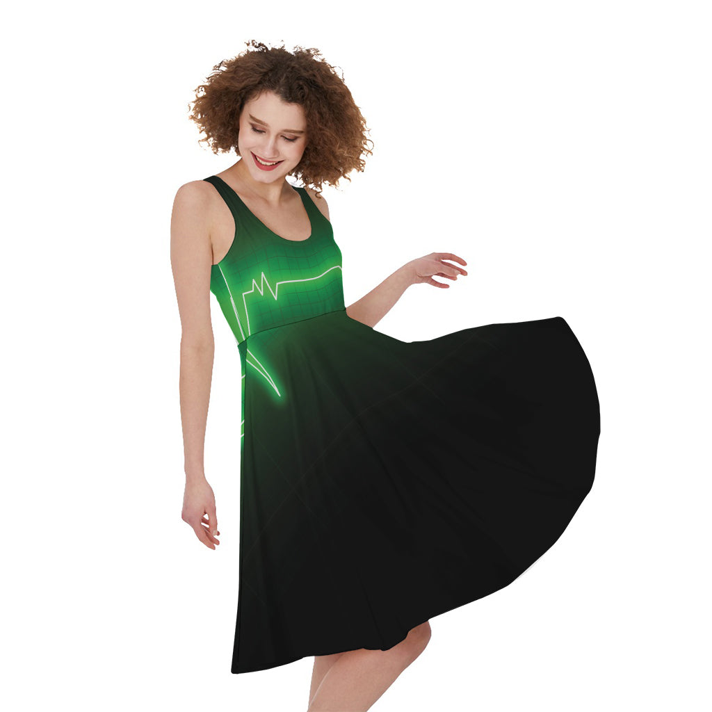 Green Heartbeat Print Women's Sleeveless Dress