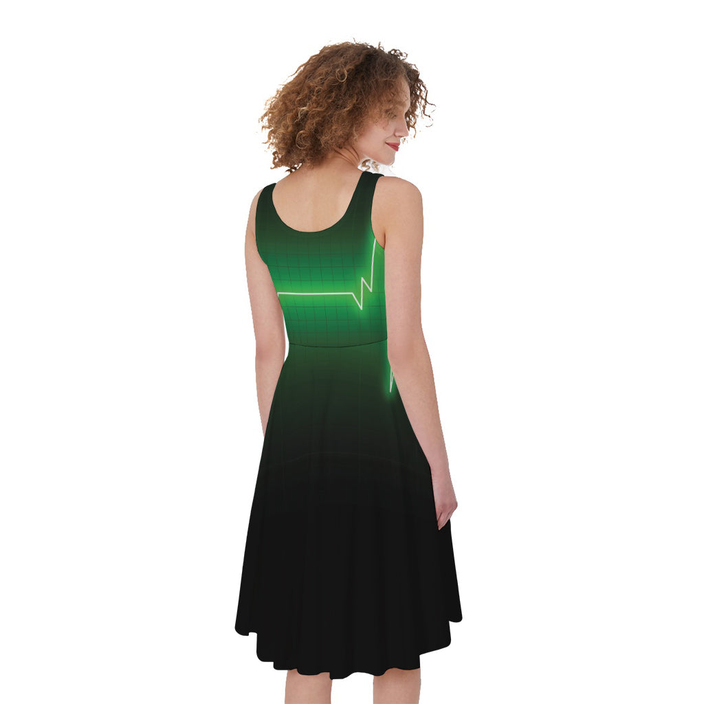 Green Heartbeat Print Women's Sleeveless Dress