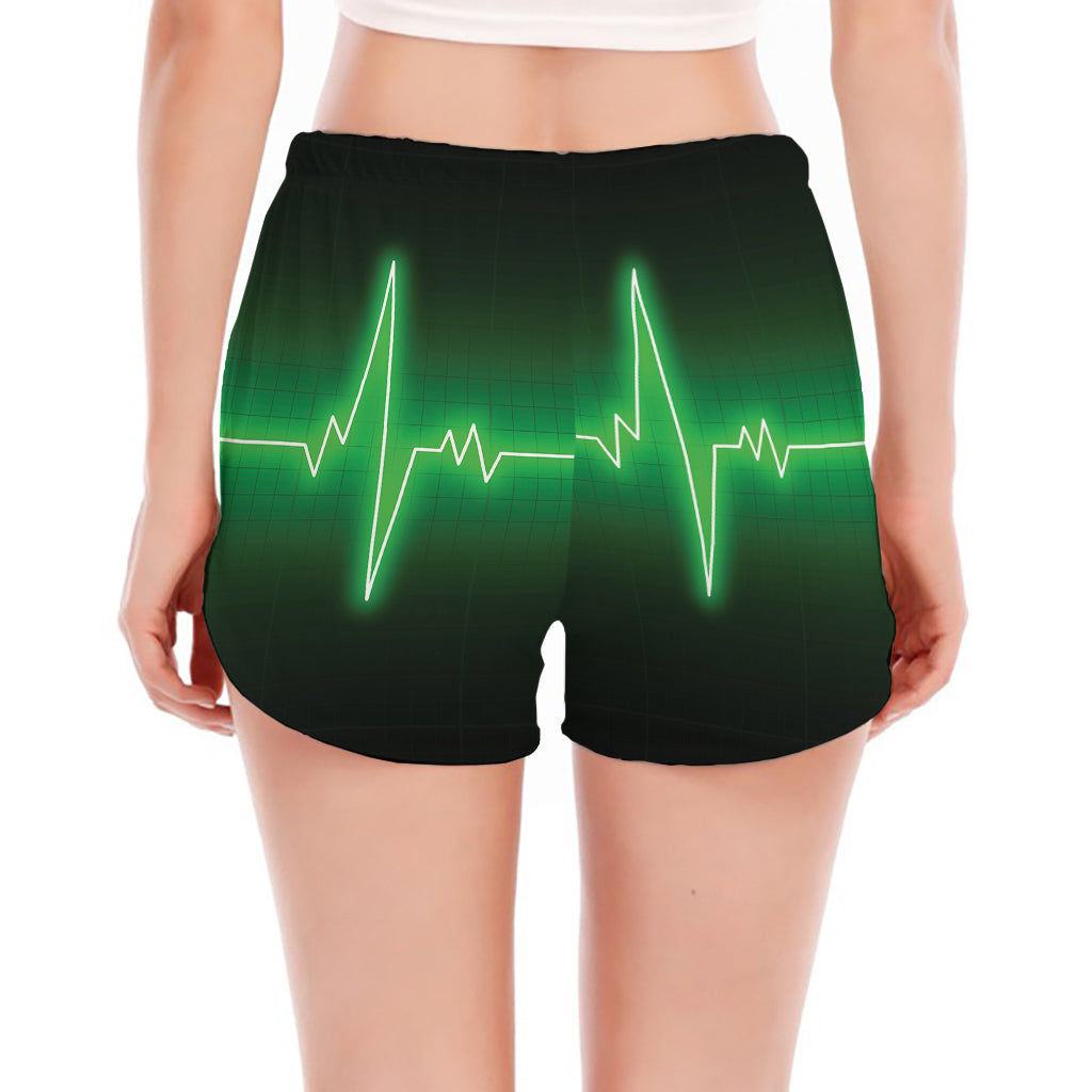 Green Heartbeat Print Women's Split Running Shorts