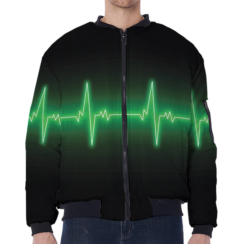 Green Heartbeat Print Zip Sleeve Bomber Jacket